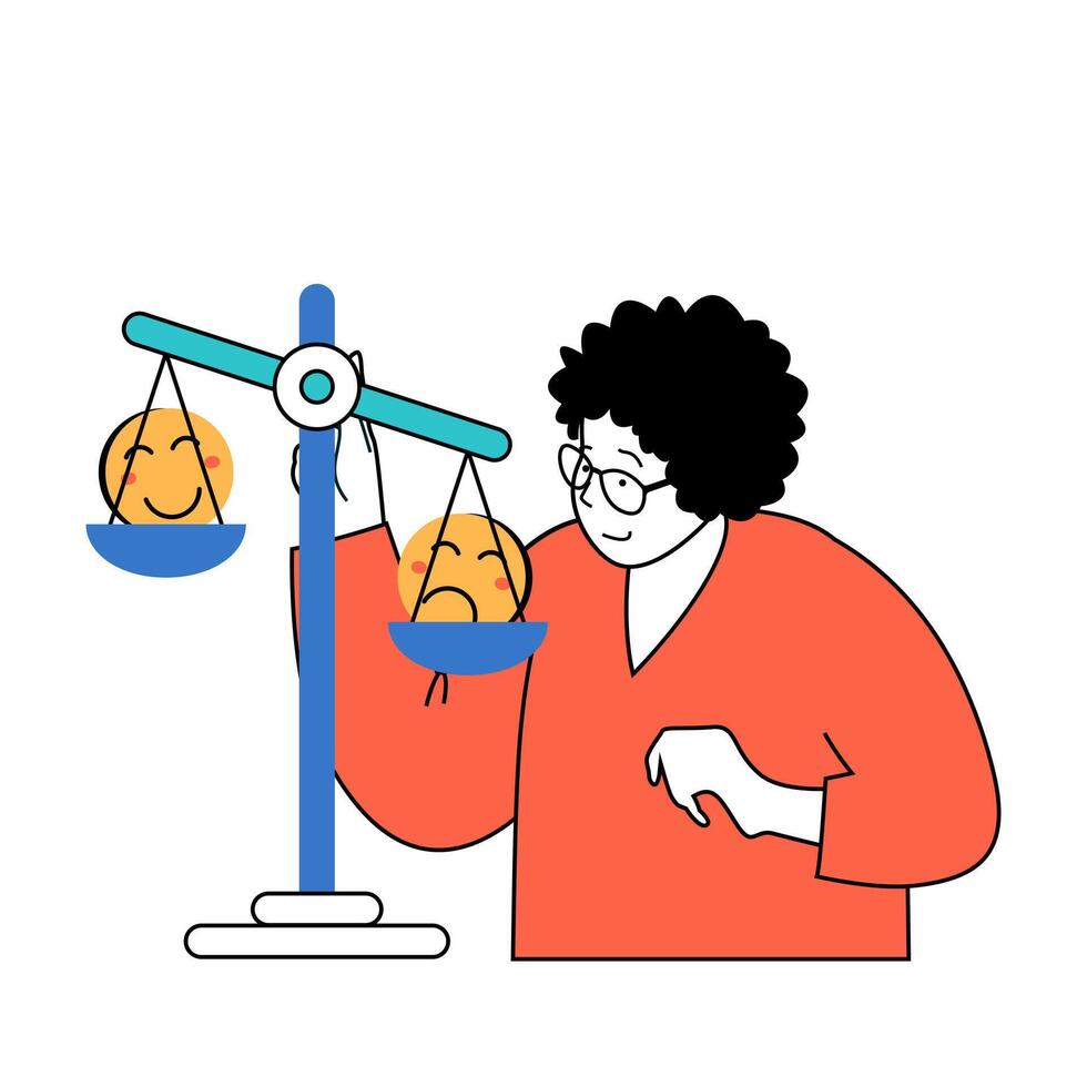 Mental health concept with cartoon people in flat design for web. Woman works as psychologist, researches happy or sad client feelings. Vector illustration for social media banner, marketing material.