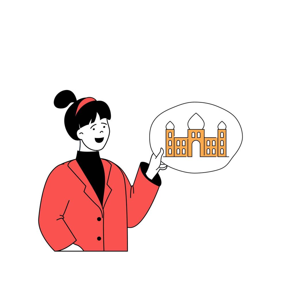 Travel concept with cartoon people in flat design for web. Woman going to trip with sightseeing excursions to architecture landmarks. Vector illustration for social media banner, marketing material.