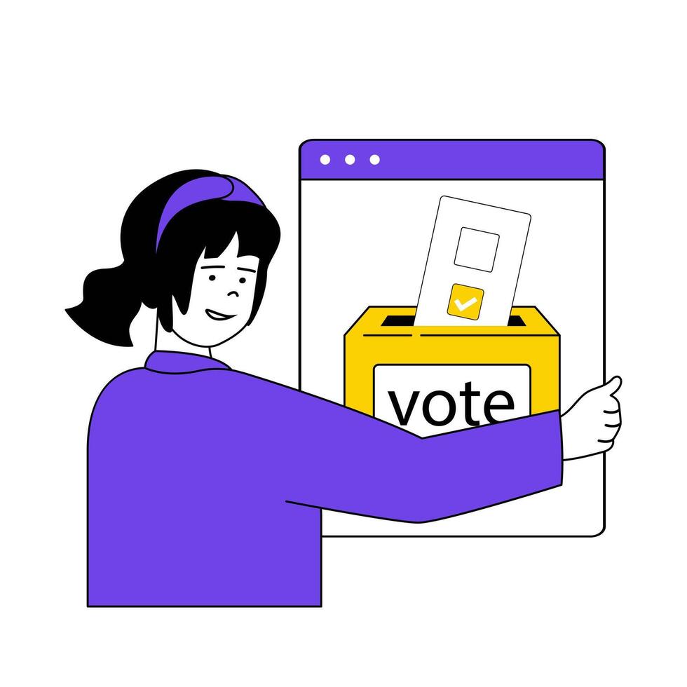 en línea votación concepto con dibujos animados personas en plano diseño para web. mujer elegir candidatos y poniendo decisión Lista de Verificación en votar caja. vector ilustración para social medios de comunicación bandera, márketing material.