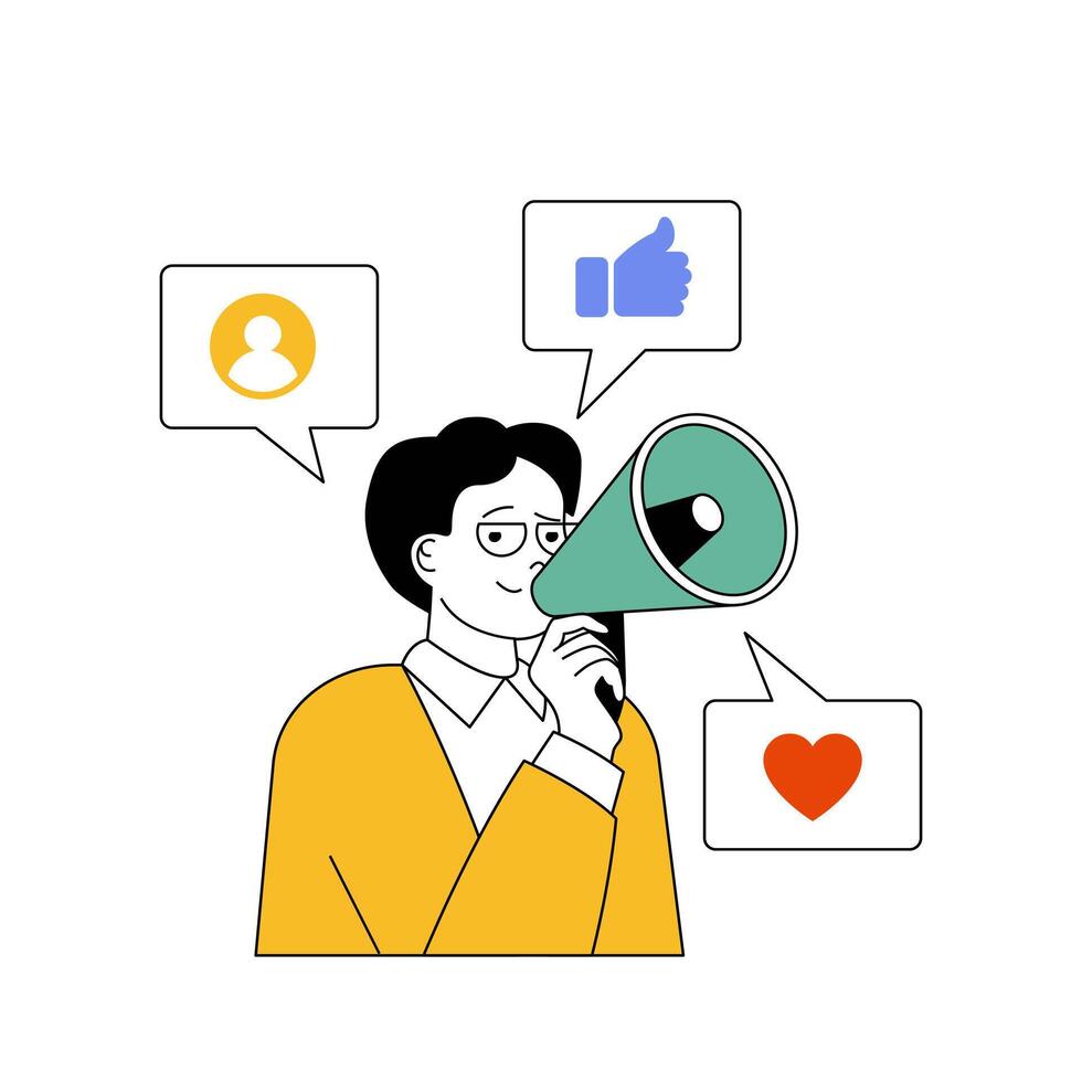 Social network concept with cartoon people in flat design for web. Man with megaphone promoting blog, attracting followers and likes. Vector illustration for social media banner, marketing material.