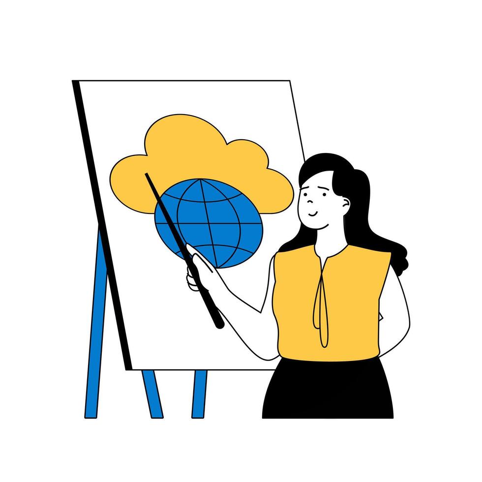 nube informática concepto con dibujos animados personas en plano diseño para web. mujer utilizando en línea almacenamiento y nube Procesando tecnología a trabajar. vector ilustración para social medios de comunicación bandera, márketing material.