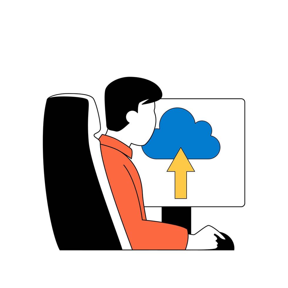 Cloud computing concept with cartoon people in flat design for web. Man uploading data to online storage platform from computer. Vector illustration for social media banner, marketing material.