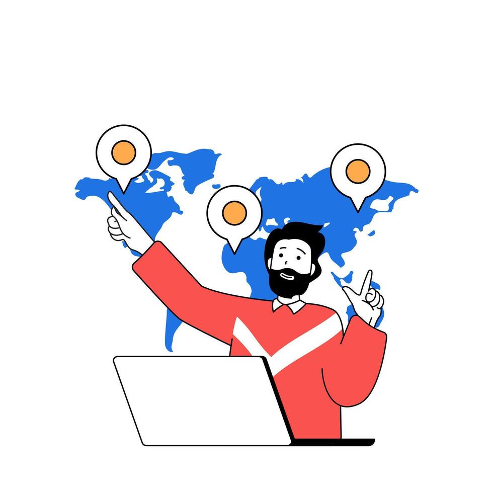 Travel concept with cartoon people in flat design for web. Man planning vacation in different countries and marks locations at map. Vector illustration for social media banner, marketing material.