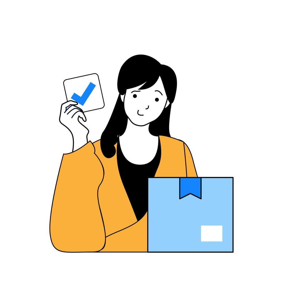 Delivery concept with cartoon people in flat design for web. Woman packaging new parcel and sending cardboard box from post company. Vector illustration for social media banner, marketing material.