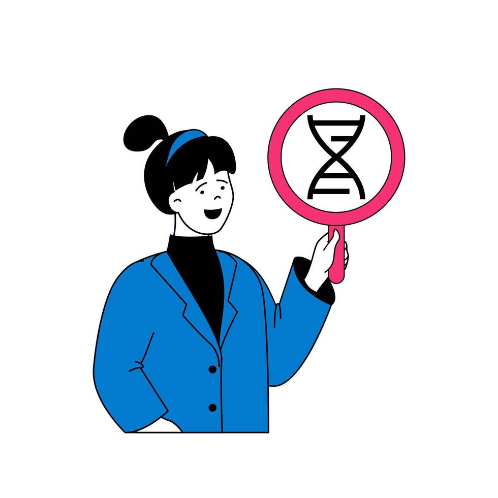 Medical concept with cartoon people in flat design for web. Woman with magnifier doing scientific research of dna in laboratory. Vector illustration for social media banner, marketing material.