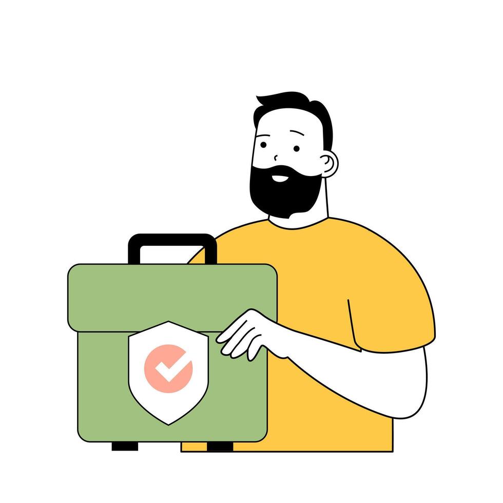 Insurance service concept with cartoon people in flat design for web. Man making risk investments and using assurance protection. Vector illustration for social media banner, marketing material.