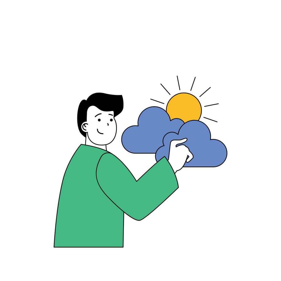 Ecology concept with cartoon people in flat design for web. Man watches meteorological weather forecasts and climate changes in world. Vector illustration for social media banner, marketing material.