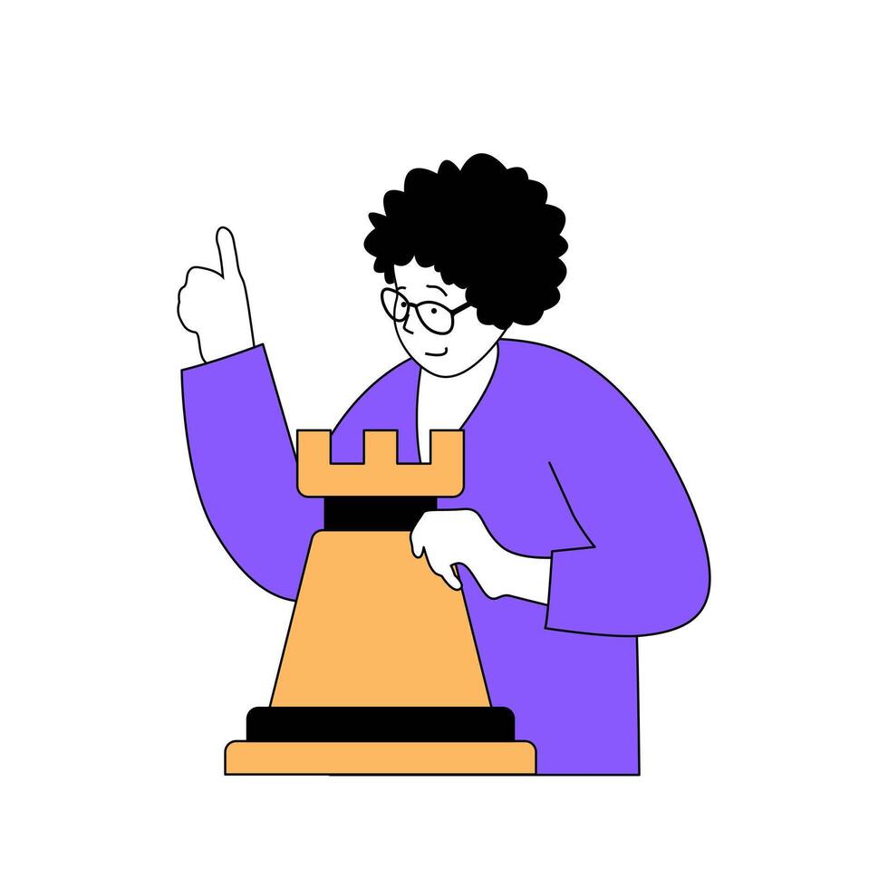 Education concept with cartoon people in flat design for web. Teacher explaining chess play, teaching logic and planning strategy. Vector illustration for social media banner, marketing material.