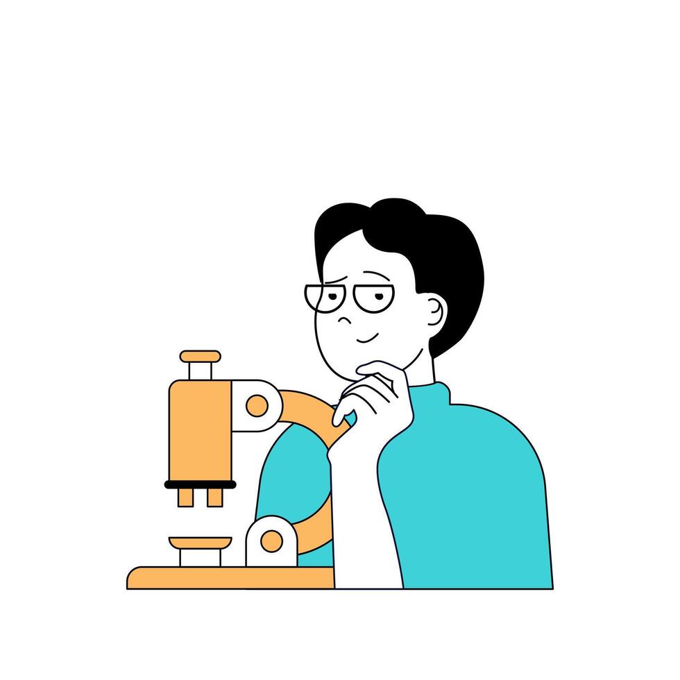 Education concept with cartoon people in flat design for web. Student making science research with microscope, learning microbiology. Vector illustration for social media banner, marketing material.