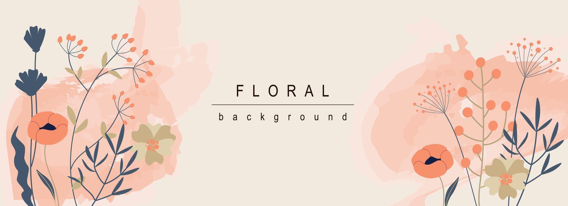 Floral horizontal web banner. Red poppy and wildflowers bouquets with leaves on abstract background. Summer flowers backdrop. Vector illustration for header website, cover templates in modern design