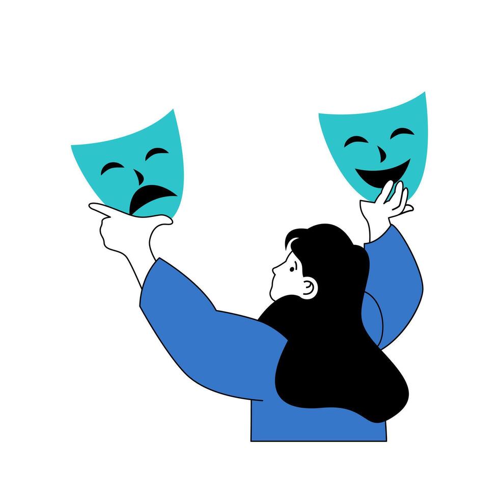 Mental health concept with cartoon people in flat design for web. Woman choosing between sad and happy theater masks as social face. Vector illustration for social media banner, marketing material.