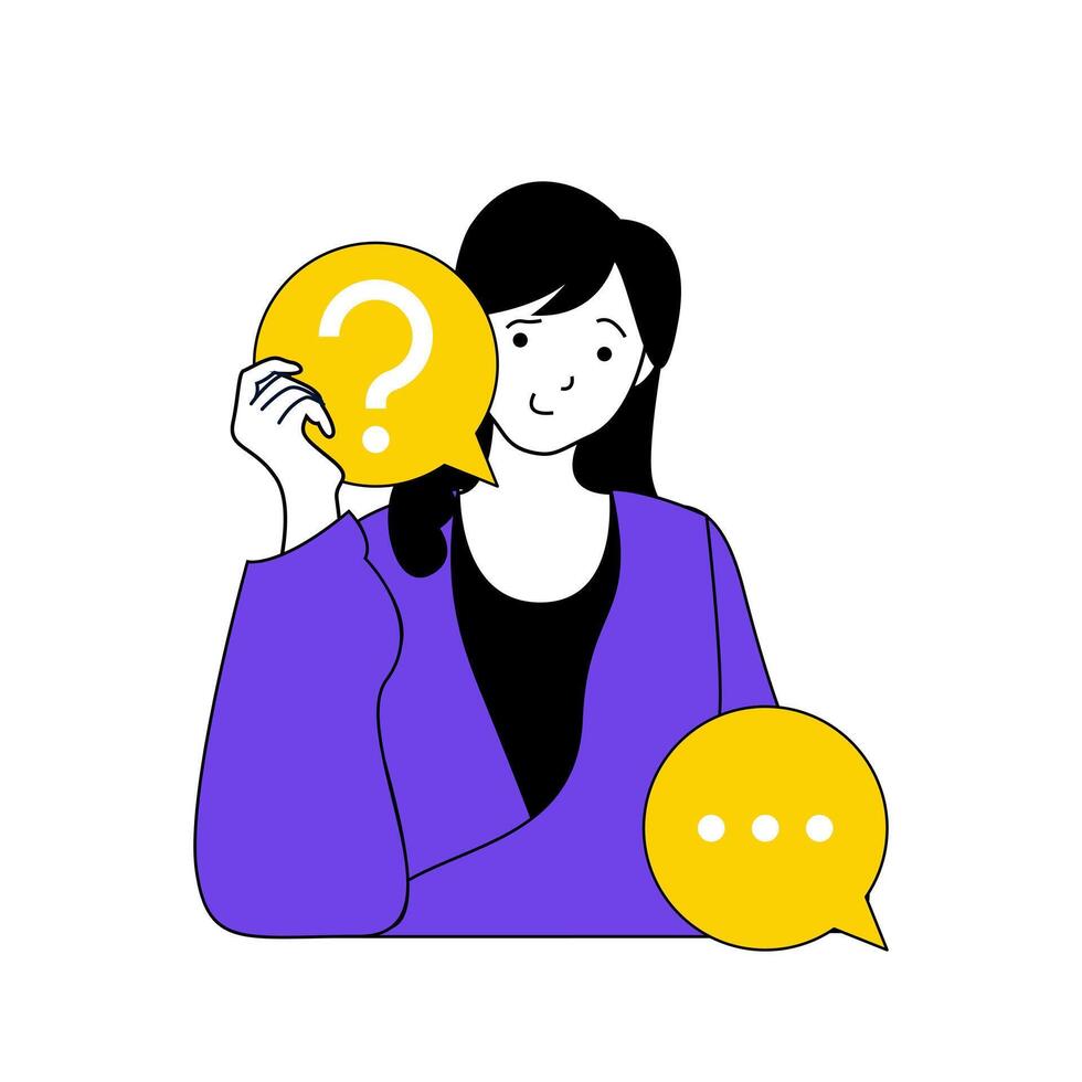 Contact us concept with cartoon people in flat design for web. Woman with questions chatting to operator in online customer support. Vector illustration for social media banner, marketing material.