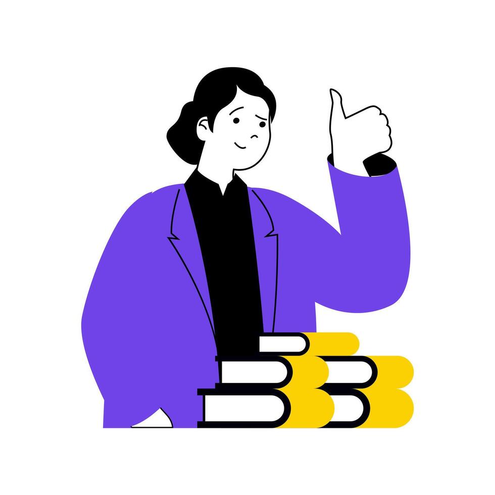 Book reading concept with cartoon people in flat design for web. Woman with stack of books researching new business information. Vector illustration for social media banner, marketing material.