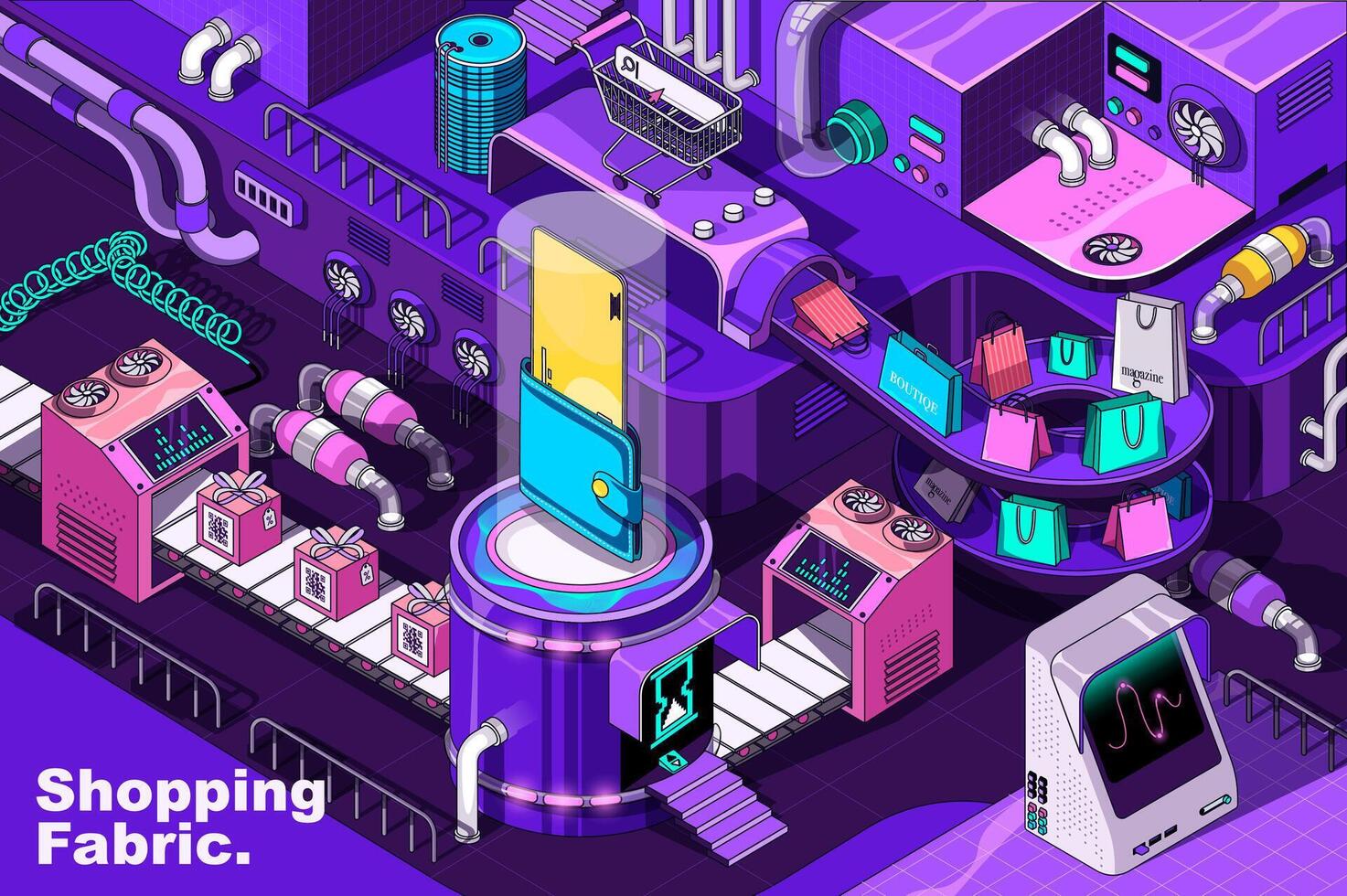 Shopping web concept in 3d isometric design. E-commerce and retail purchases, sales and discount prices. Abstract fabric production line in isometry graphic for corporate poster. Vector illustration.