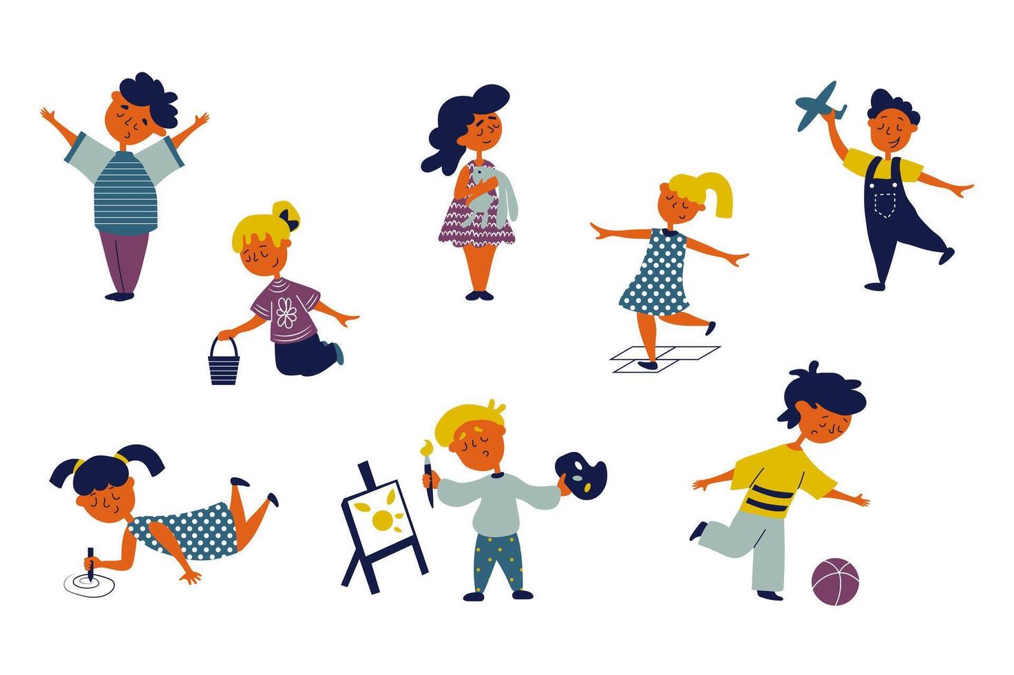 niños personas conjunto en plano personaje diseño para web. haz personas de diferente linda pequeño Niños y muchachas jugando con juguetes, dibujo y teniendo divertida. contento niños a jardín de infancia. vector ilustración.