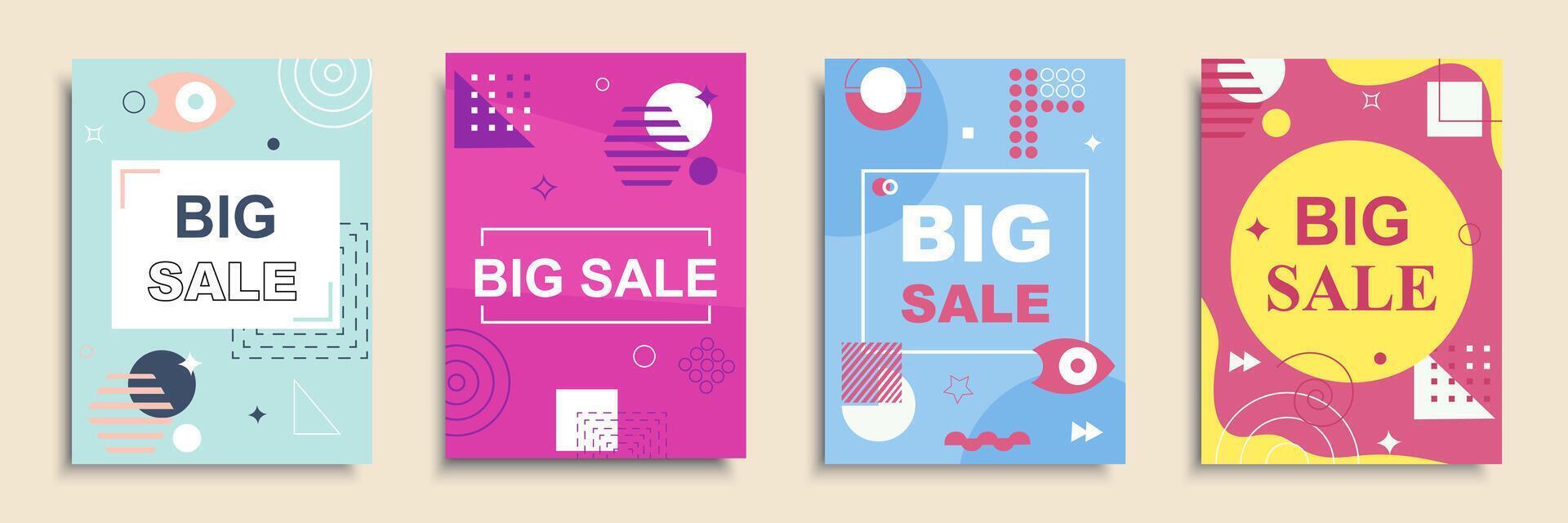 Big sale cover brochure set in flat design. Poster templates with simple geometric shapes for clearance announcement and advertising information for seasonal shopping events. Vector illustration