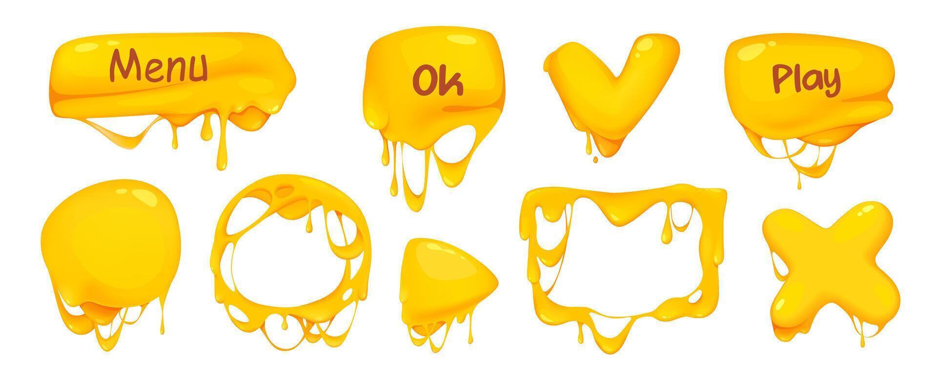 Melted cheese buttons mega set in cartoon graphic design. Bundle elements of yellow interface kit with menu, ok, play, cross, square or round frames, other shapes. Vector illustration isolated objects