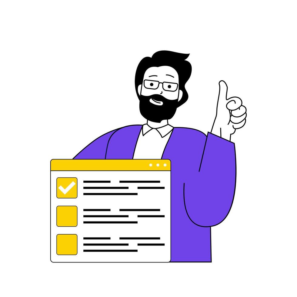 Online voting concept with cartoon people in flat design for web. Man takes part in election, choosing his candidates in vote form. Vector illustration for social media banner, marketing material.