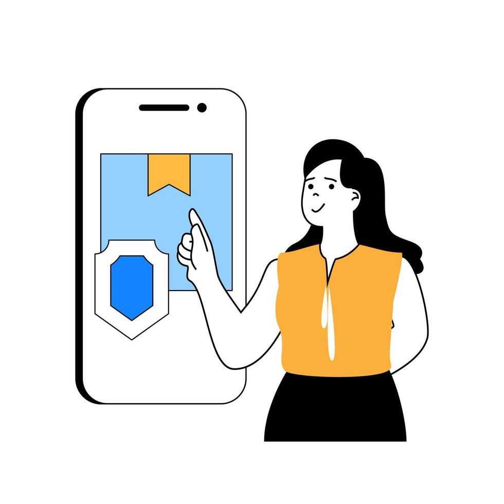 Delivery concept with cartoon people in flat design for web. Woman sends parcel using protection service in a mobile application. Vector illustration for social media banner, marketing material.