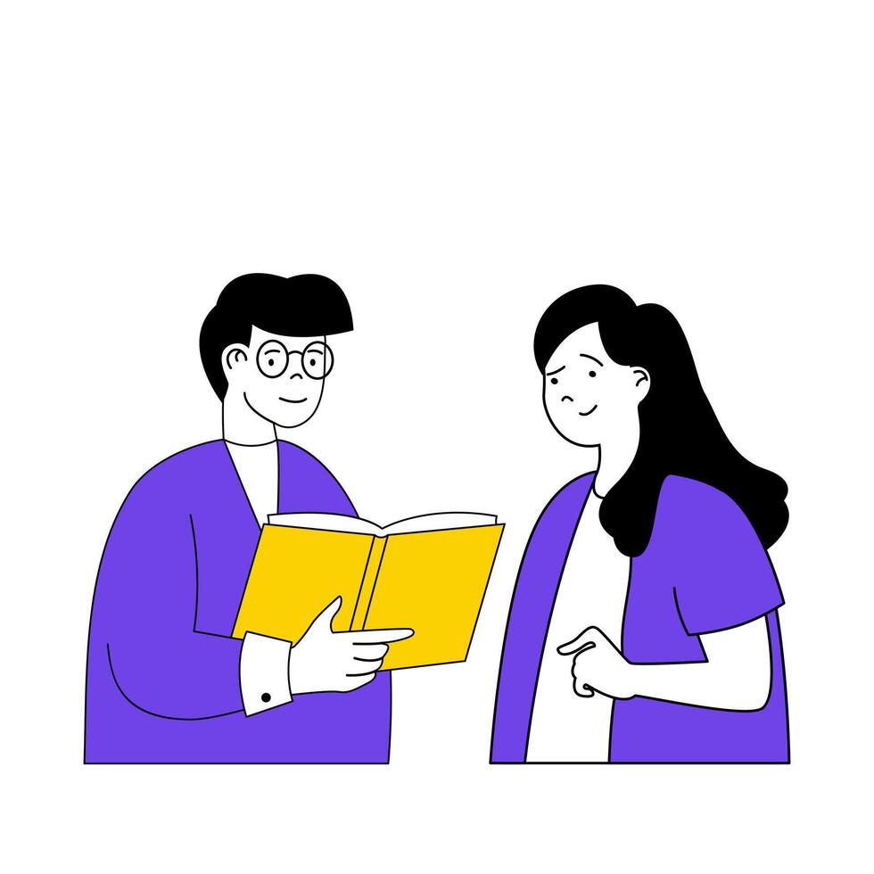 Book reading concept with cartoon people in flat design for web. Man and woman discussing intellectual novel at literature club. Vector illustration for social media banner, marketing material.