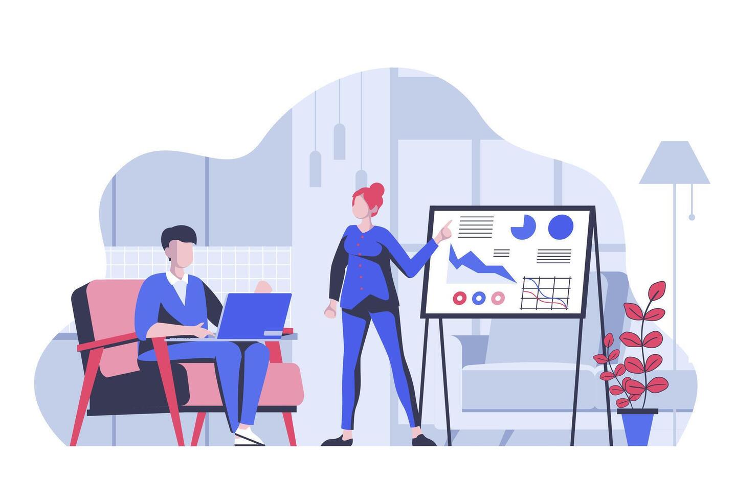 Business meeting concept with cartoon people in flat design for web. Colleagues analyzing and discussing presentation at conference. Vector illustration for social media banner, marketing material.
