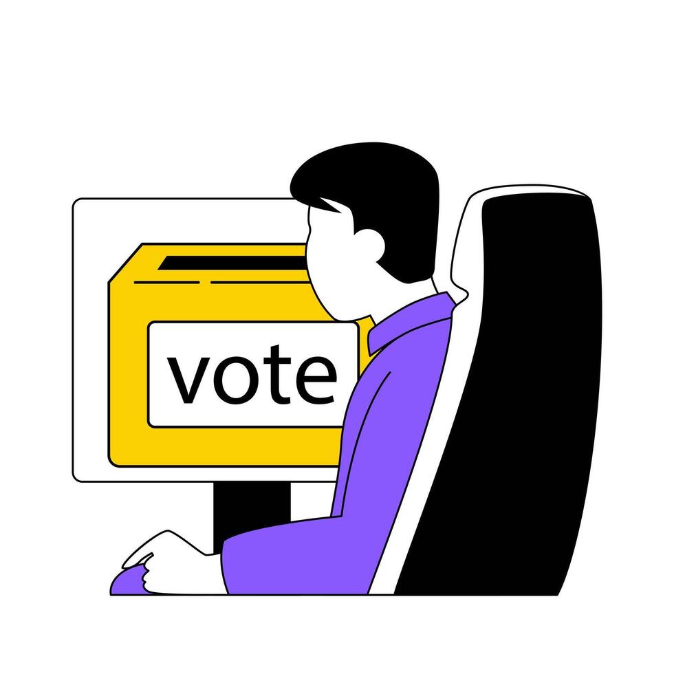 Online voting concept with cartoon people in flat design for web. Man takes part in election, filling and putting vote form in box. Vector illustration for social media banner, marketing material.