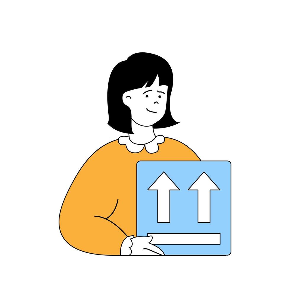 Delivery concept with cartoon people in flat design for web. Woman packaging new parcel in cardboard box with fragile and other signs. Vector illustration for social media banner, marketing material.