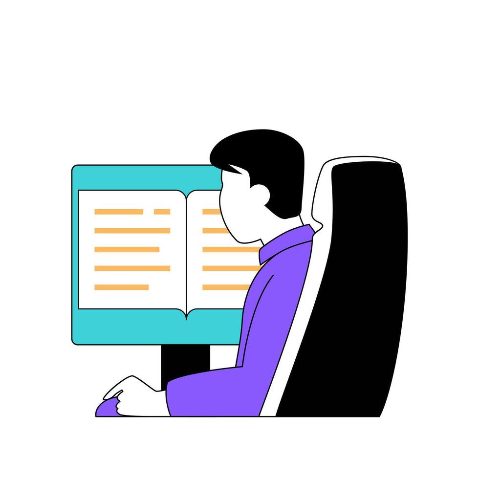 Education concept with cartoon people in flat design for web. Student reading e-book at computer screen, preparing to exam online. Vector illustration for social media banner, marketing material.