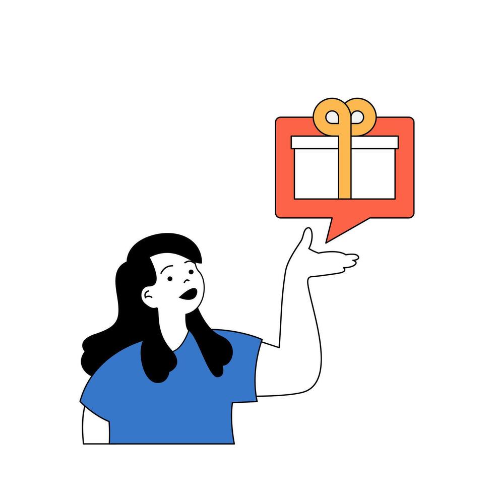 Social media concept with cartoon people in flat design for web. Woman developing her online blog and gives gifts for followers. Vector illustration for social media banner, marketing material.