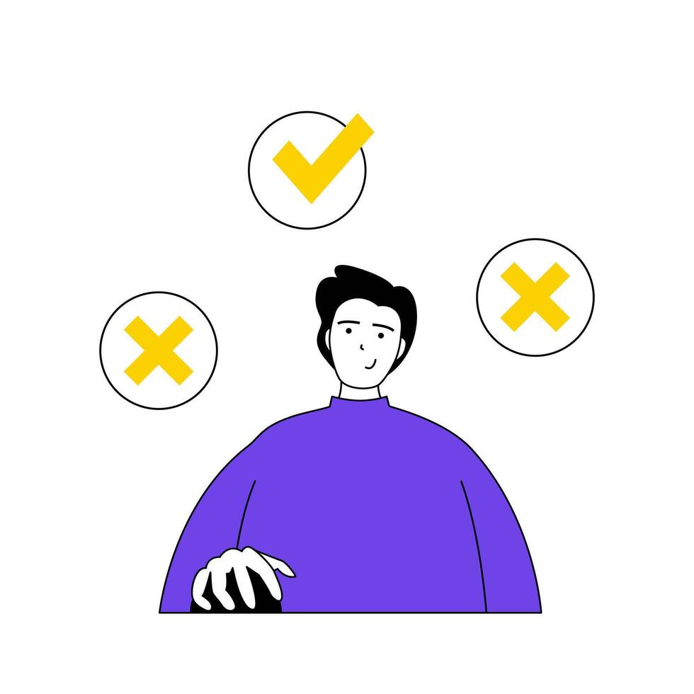 Online voting concept with cartoon people in flat design for web. Man takes part in democratic vote, choosing and applying checkbox. Vector illustration for social media banner, marketing material.