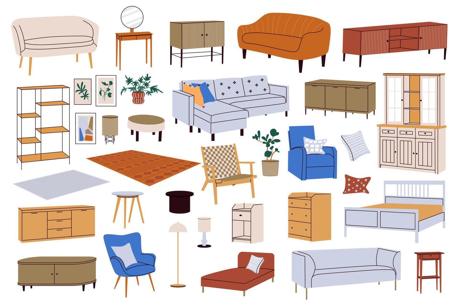 Interior furniture mega set in flat design. Bundle elements of different types of sofas, tables, bookcases, paintings, armchairs, lamps, pillows, other. Vector illustration isolated graphic objects