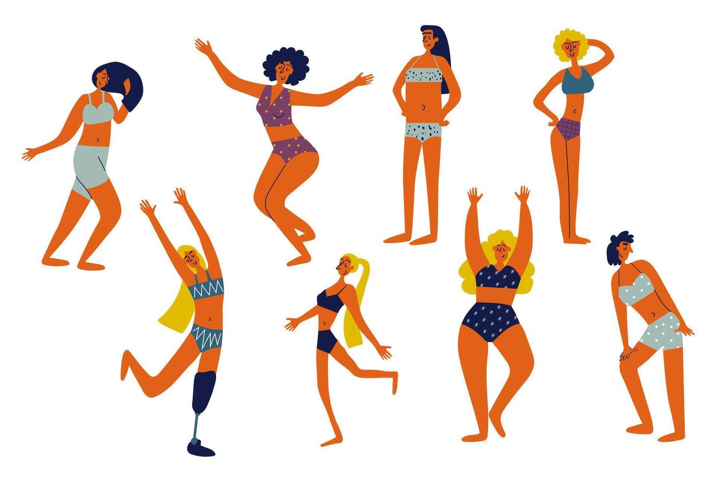 Body positive people set in flat character design for web. Bundle persons of different figure types. Women in swimsuits and underwear with fat or skinny body, prosthetic leg. Vector illustration.