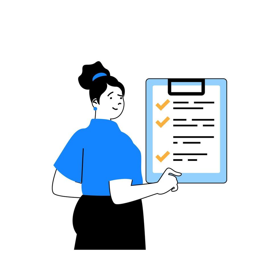 Delivery concept with cartoon people in flat design for web. Woman works as manager at logistics company, examining parcels checklist. Vector illustration for social media banner, marketing material.