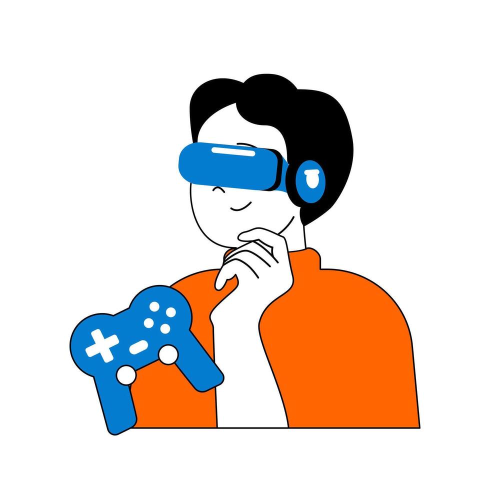 Virtual reality concept with cartoon people in flat design for web. Man in VR headset and joystick playing games with augmented space. Vector illustration for social media banner, marketing material.