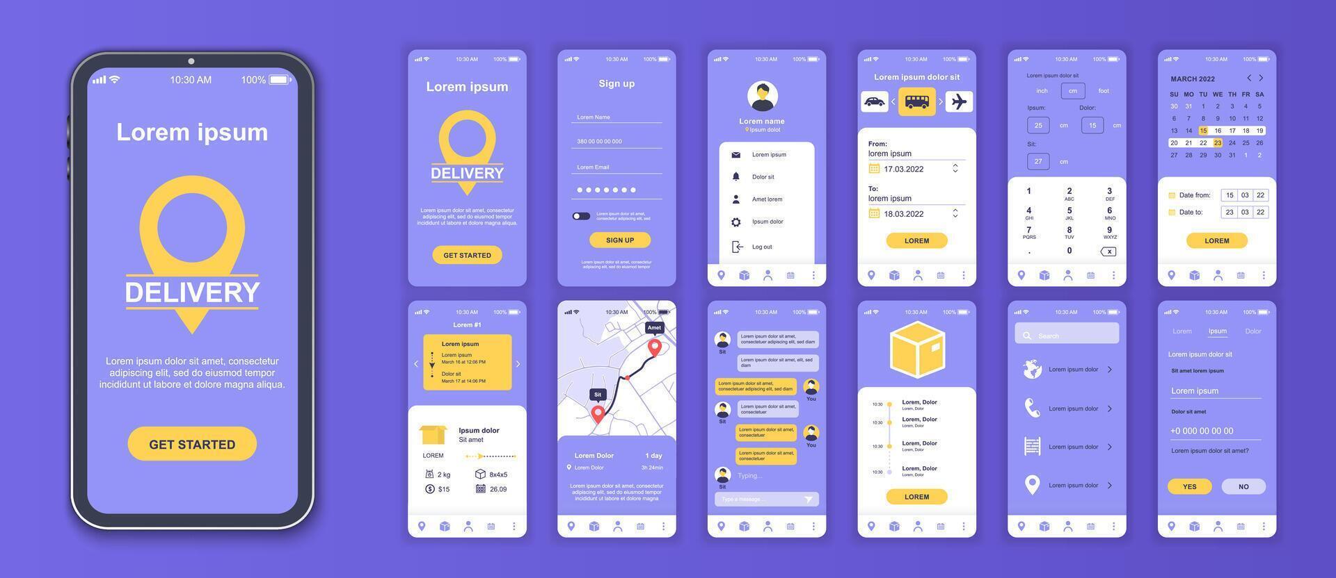 Delivery mobile app interface screens template set. Account login, ordering shipping, parcel calculate, tracking on map, client chat. Pack of UI, UX, GUI kit for application web layout. Vector design.