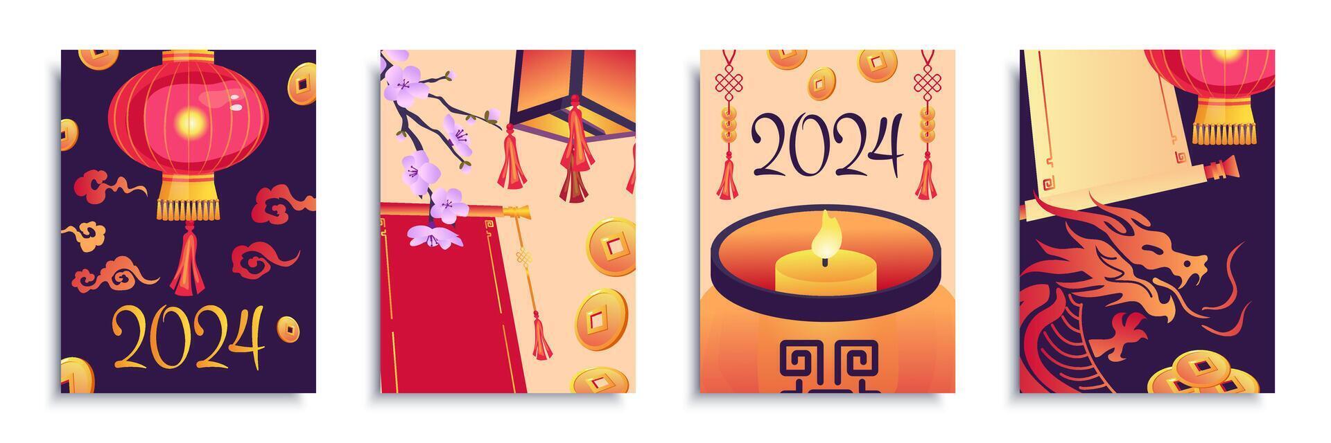 China Navidad 2024 cubrir folleto conjunto en plano diseño. póster plantillas con chino nuevo año símbolos, rojo linternas, sakura flores, dorado monedas, velas y zodíaco continuar. vector ilustración.