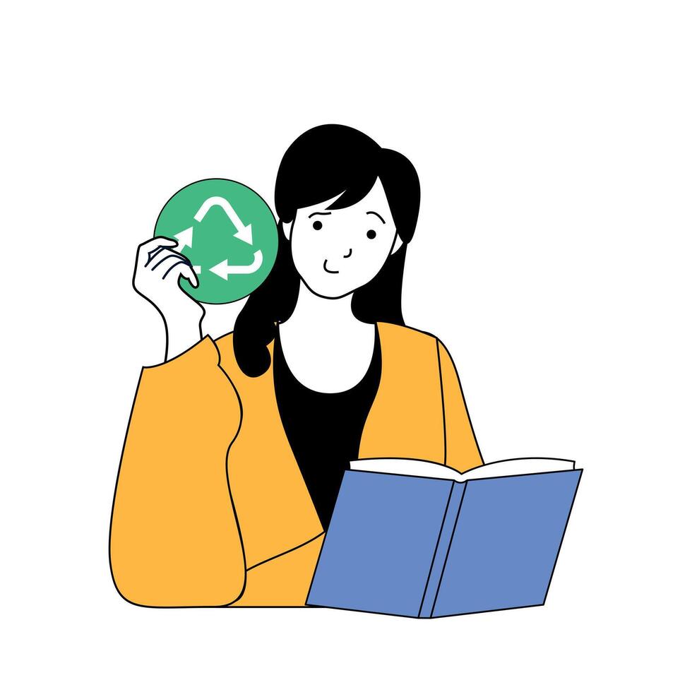 Ecology concept with cartoon people in flat design for web. Eco friendly woman leads zero waste lifestyle with recycling and reusing. Vector illustration for social media banner, marketing material.