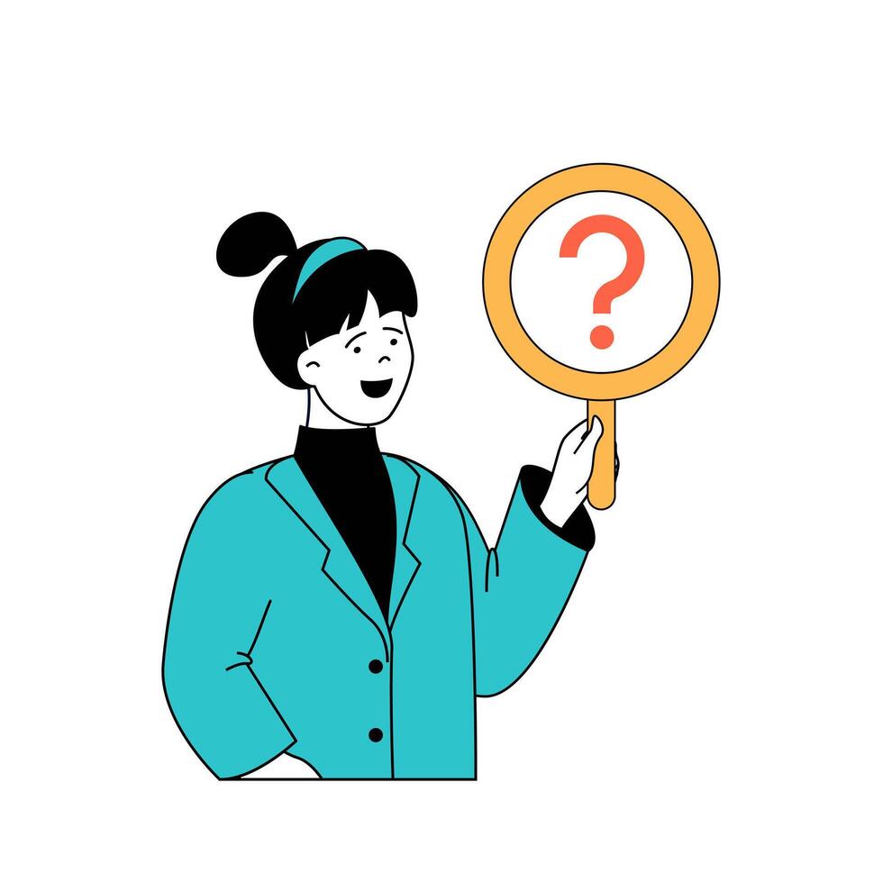 Mental health concept with cartoon people in flat design for web. Woman with magnifier searching answers for psychological questions. Vector illustration for social media banner, marketing material.