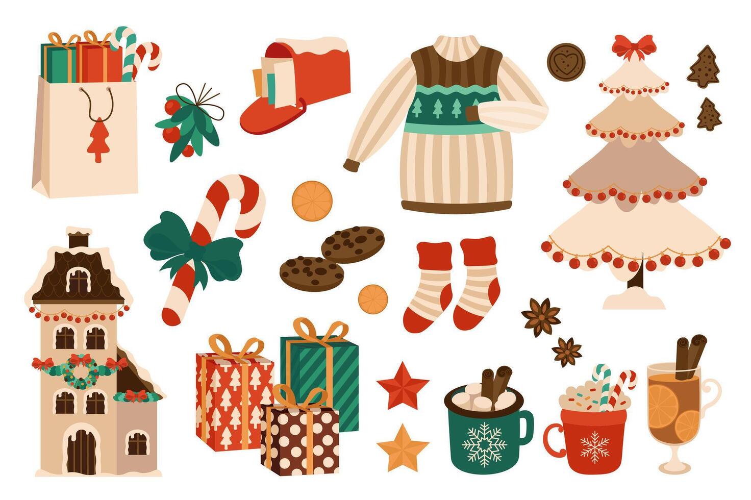 Christmas 2024 mega set in flat design. Bundle elements of gifts, candy, mailbox, sweater, festive tree, cookies, gingerbread house, mulled wine and other. Vector illustration isolated graphic objects