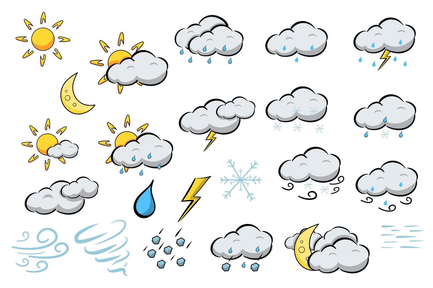 Weather symbols mega set in flat design. Bundle elements of sun, moon, clouds with rain, lightnings, snow, wind, thunderstorm, cute meteorology pictograms. Vector illustration isolated graphic objects