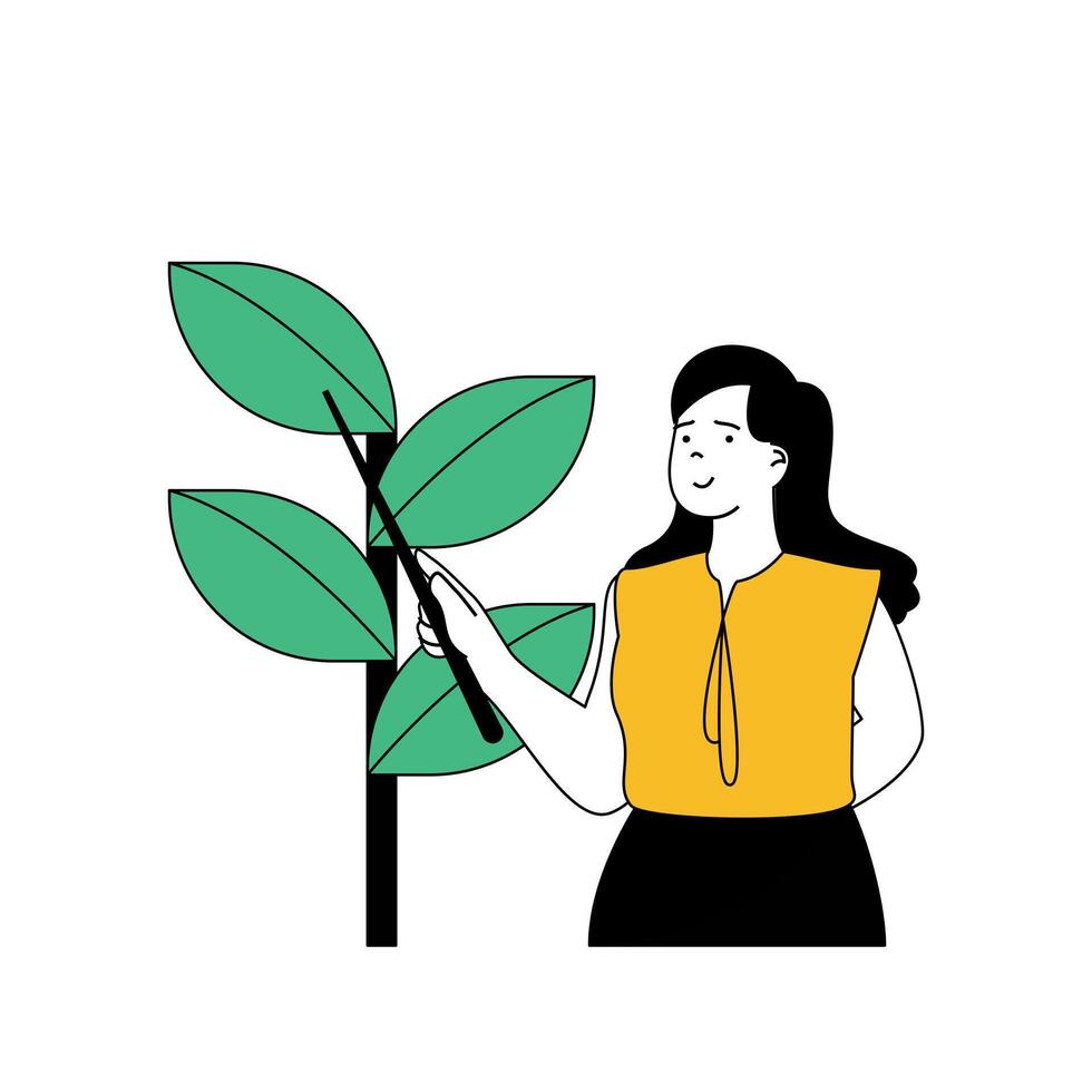 ecología concepto con dibujos animados personas en plano diseño para web. mujer proteger verde plantas y árboles, molesto a detener clima cambiar. vector ilustración para social medios de comunicación bandera, márketing material.