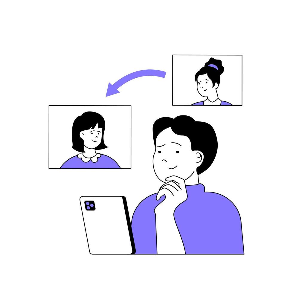 Teamwork concept with cartoon people in flat design for web. Man connecting with women colleagues via video call and discussing work. Vector illustration for social media banner, marketing material.