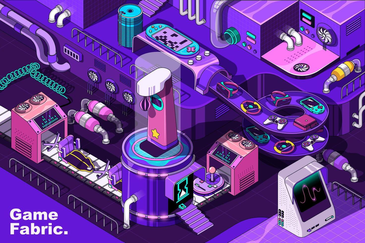 Video game web concept in 3d isometric design. Gaming entertainment with consoles, joysticks or gamepads. Abstract fabric production line in isometry graphic for corporate poster. Vector illustration.