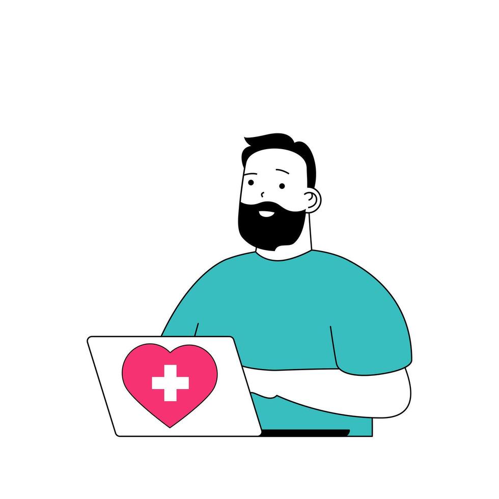 Medical concept with cartoon people in flat design for web. Man works as doctor and giving online consultations by laptop at clinic. Vector illustration for social media banner, marketing material.