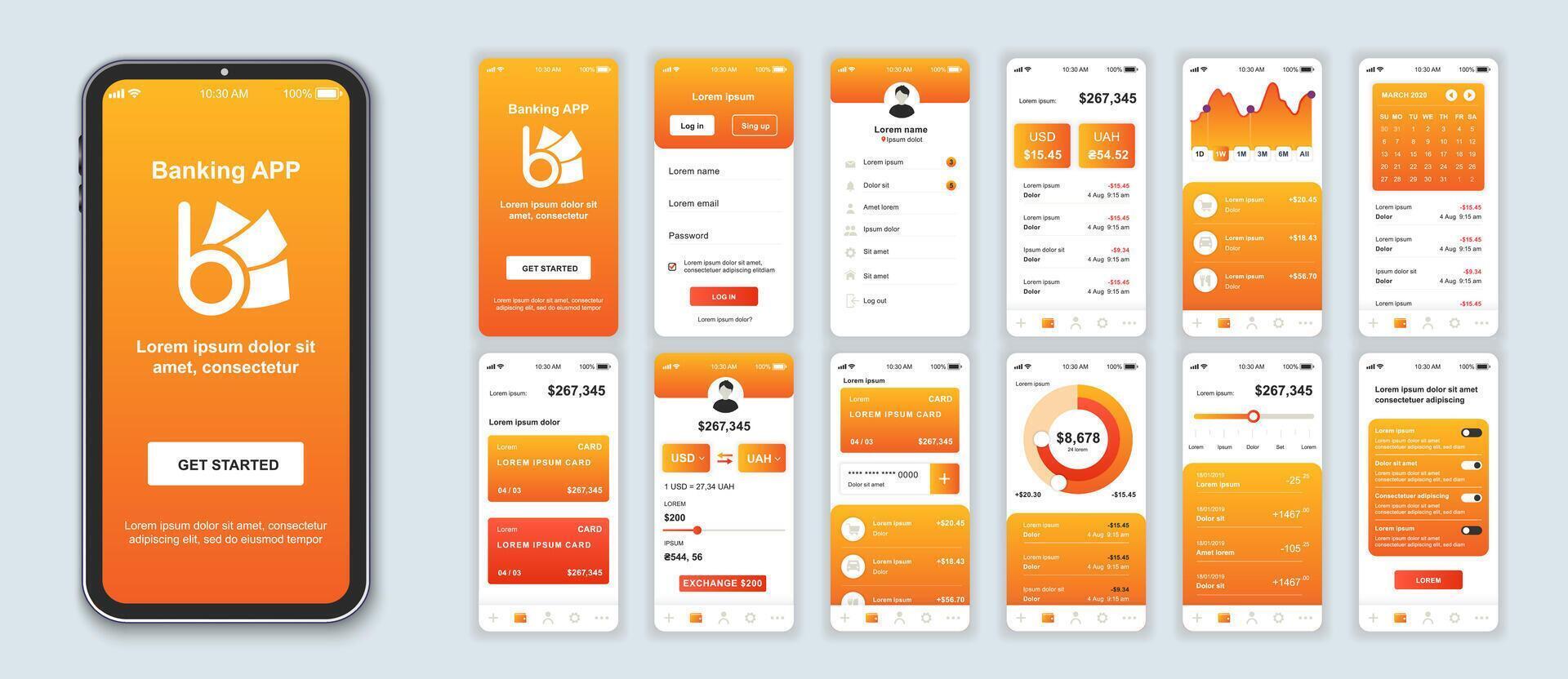 Banking mobile app interface screens template set. Online account, balance, financial statistics, credit card management, analytics. Pack of UI, UX, GUI kit for application web layout. Vector design.
