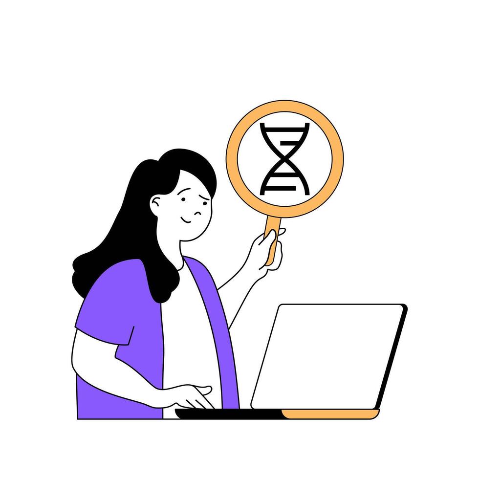 Education concept with cartoon people in flat design for web. Student with magnifier researching dna and learning online at laptop. Vector illustration for social media banner, marketing material.