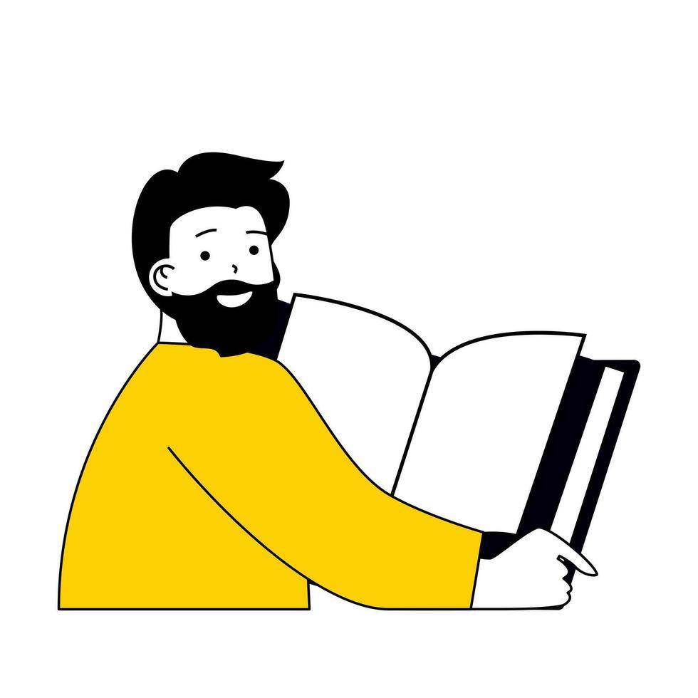 Book reading concept with cartoon people in flat design for web. Man reads literary novels, researching textbooks or encyclopedia. Vector illustration for social media banner, marketing material.