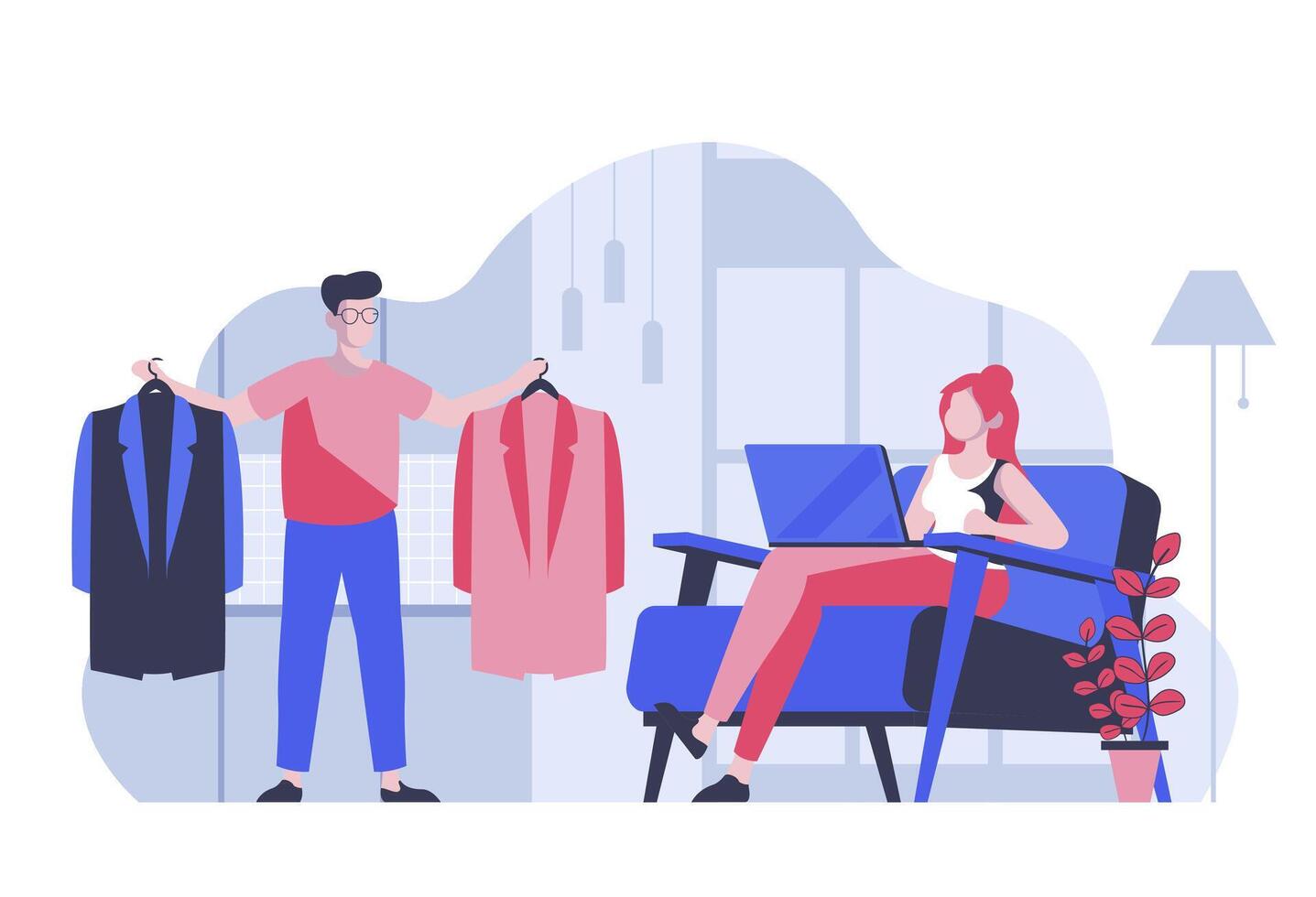 Online shopping concept with cartoon people in flat design for web. Customers choosing clothes, ordering with delivery and fitting. Vector illustration for social media banner, marketing material.