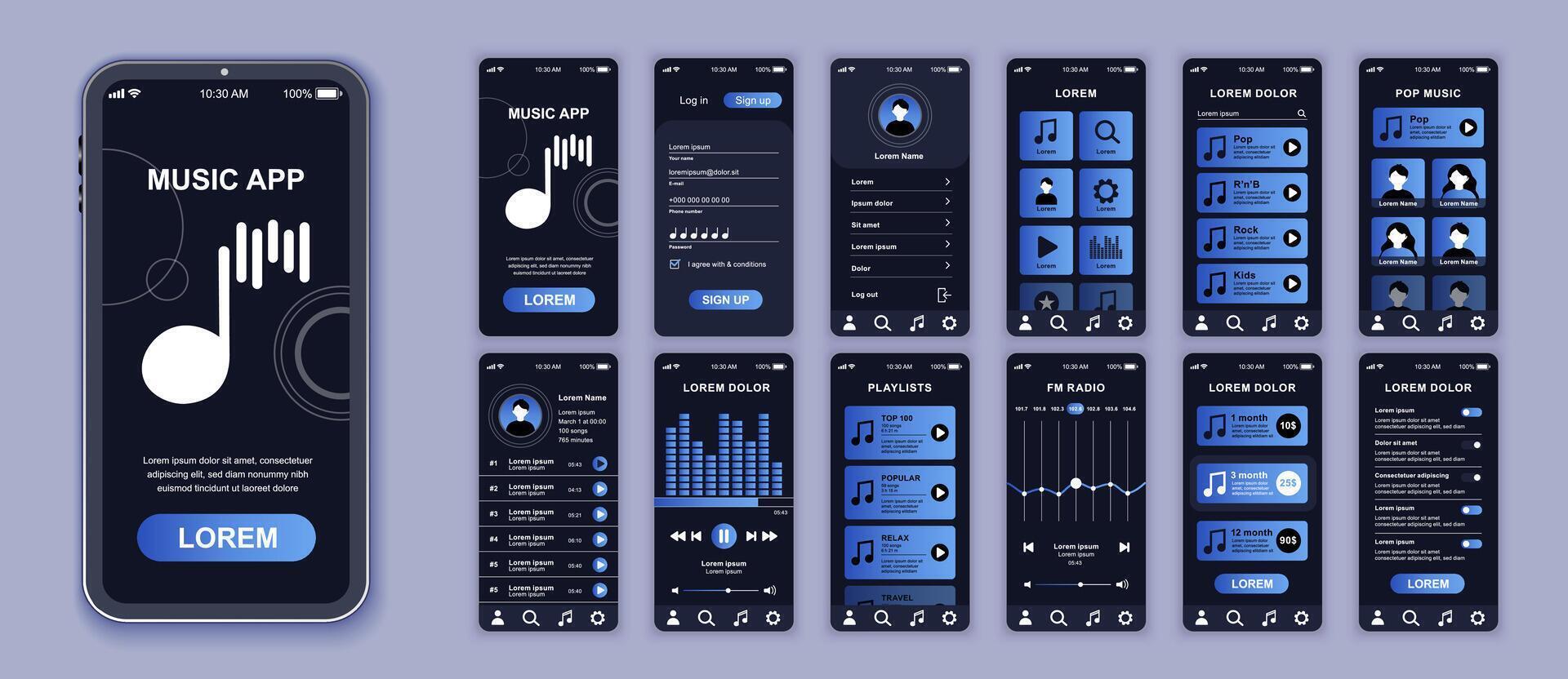 Music mobile app interface screens template set. Account login, settings, playlist, singers follow, audio player, radio broadcasting. Pack of UI, UX, GUI kit for application web layout. Vector design.