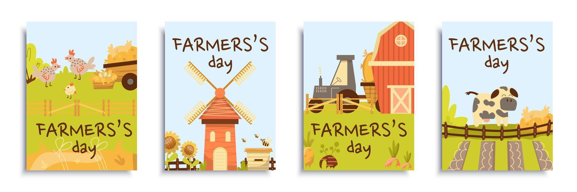 granjero día cubrir folleto conjunto en plano diseño. póster plantillas con tierras de cultivo y rancho para cosecha y jardinería, aves de corral y ganado agricultura, siembra plantación campos. vector ilustración.